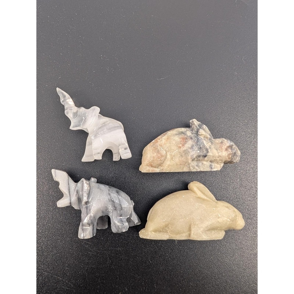 Lot of 4 Vtg Miniature Hand Carved Stone Animal Figurines Elephants & Rabbits - Picture 2 of 7